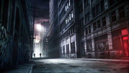 Dark Gritty Cityscape, Rundown Buildings, Violence Signs, Haunting Figures in Oppressive Desolation.