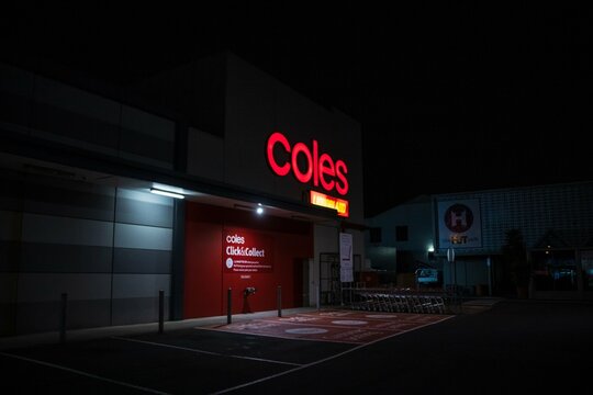 Warrnambool, Australia - September 27th 2019 - Photo of Night View of Coles Supermarket