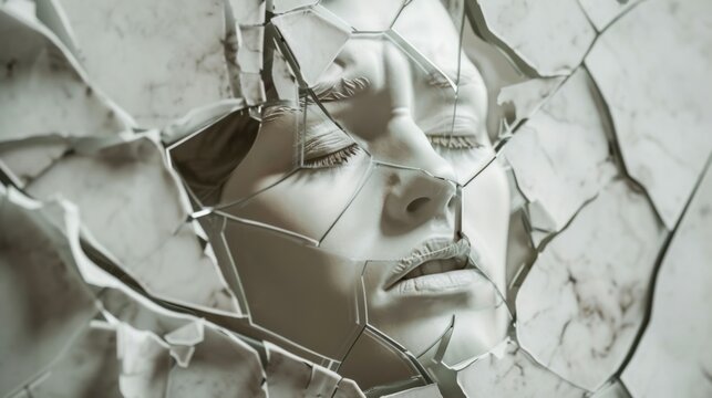 A moving depiction of mental health struggles through a fragmented mirror reflecting a distressed face, Symbolizing the inner turmoil and stigma surrounding mental health, minimalist style