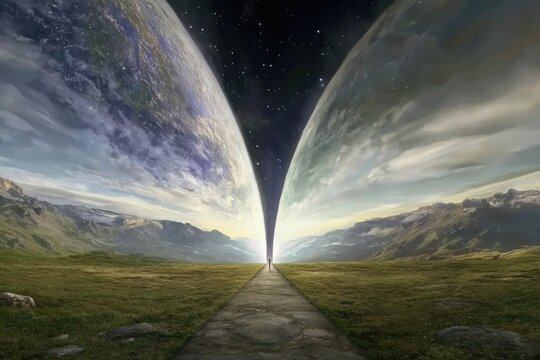 Alternate dimension: visual of parallel reality, portraying concept of multiple universes with vibrant contrasts and surreal landscapes, emphasizing the mystery and intrigue of alternate existences.