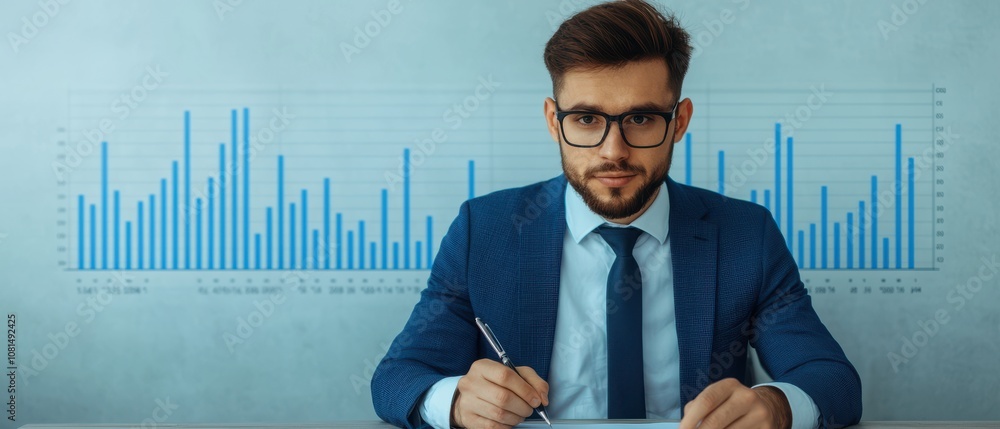 Poster a well-dressed professional analyzes data, seated at a desk with a blue bar graph displayed in the b