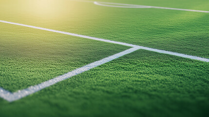 Obraz premium Green Field Lines: A close-up view of artificial turf with white lines, bathed in soft, golden sunlight. A simple yet powerful image that evokes the energy and anticipation of a game. 