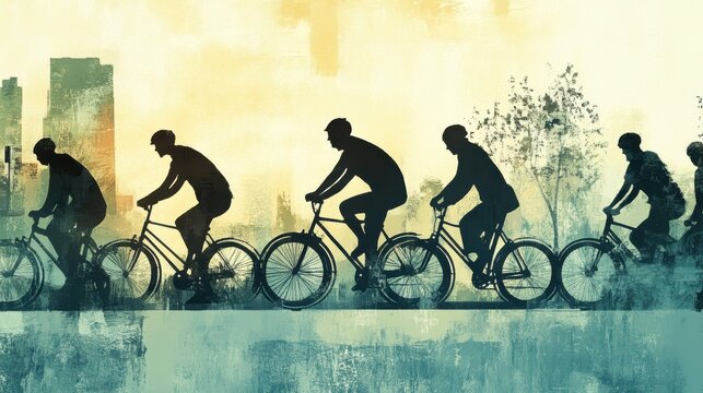 Silhouettes of cyclists riding in a line.