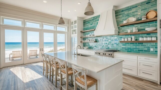 Luxury kitchen in a beach house style, white cabinets, open shelving, sea-green tiles, lots of sunlight,