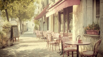 Sunny sidewalk cafe with tables and chairs.