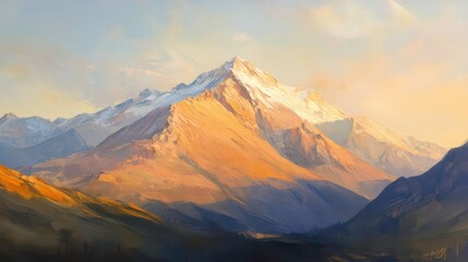 A majestic snow-capped mountain peak bathed in the warm glow of the setting sun, casting long shadows over the surrounding valleys.