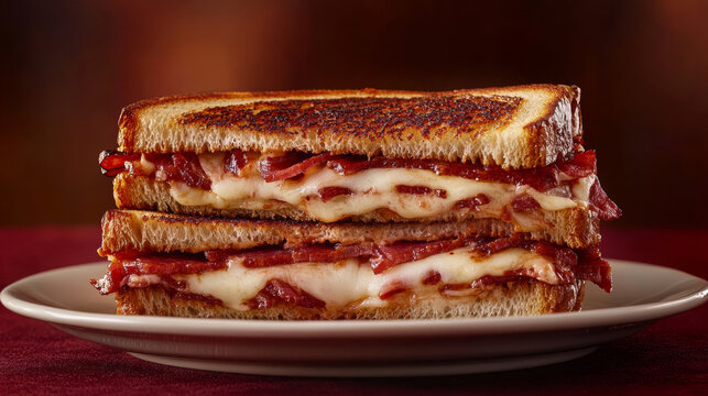 Delicious grilled sandwich with layers streched cheese plate food photography tasty meal gourmet fashion burgundy luxury burgundy background with copy space. for cuisine dishes restaurant recipe adver