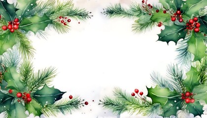 Watercolor New Year frame featuring lush green holly and bright red berries for festive celebrations. Generative AI