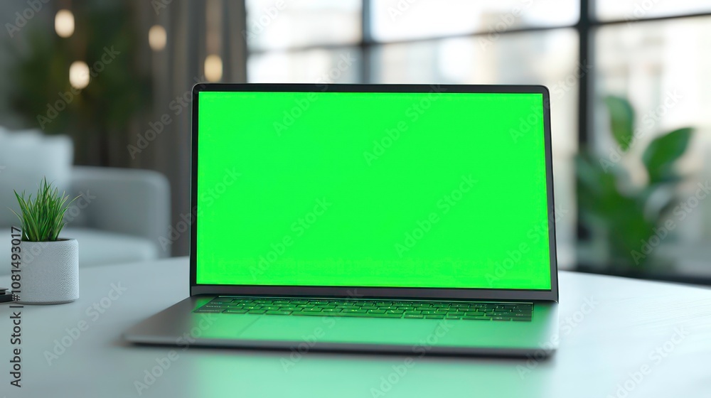 Poster laptop with green screen, chroma key mock up is on the table. computer display close-up. business mo