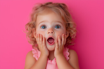 A cute little girl with her hands on her cheeks, looking surprised and excited against a pink background. Portrait photography.

