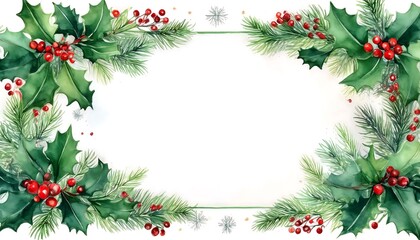 Watercolor New Year frame adorned with holly and red berries for festive celebrations. Generative AI