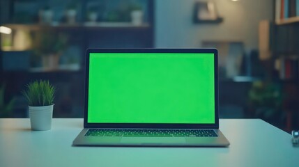 Laptop with green screen, chroma key mock up is on the table. Computer display close-up. Business mockup empty blank space. Modern gadget is on white table in horizontal position