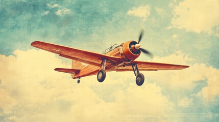 Vintage airplane flying in a blue sky.