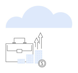 Briefcase beside stacked coins, dollar coin and upward arrows under cloud. Ideal for business development, financial growth, cloud computing, investments, economy, digital strategy marketing. Line