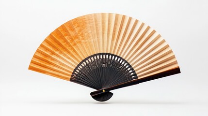 A traditional Japanese hand fan made of paper and bamboo, open and isolated on a white background.