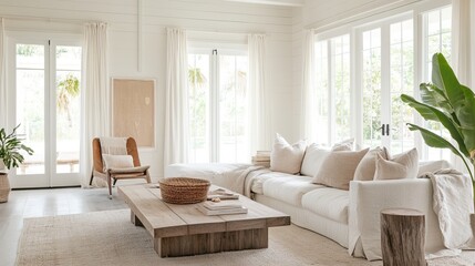 Bright minimalist family room, airy space, neutral colors, simple decor, large windows, natural lighting