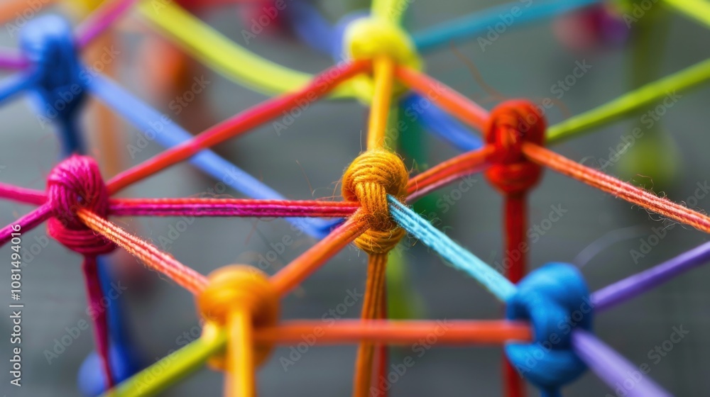 Poster A network of interconnected threads in different shades forming a resilient fabric, Metaphorizing the interconnectedness and strength of diverse viewpoints, photography style