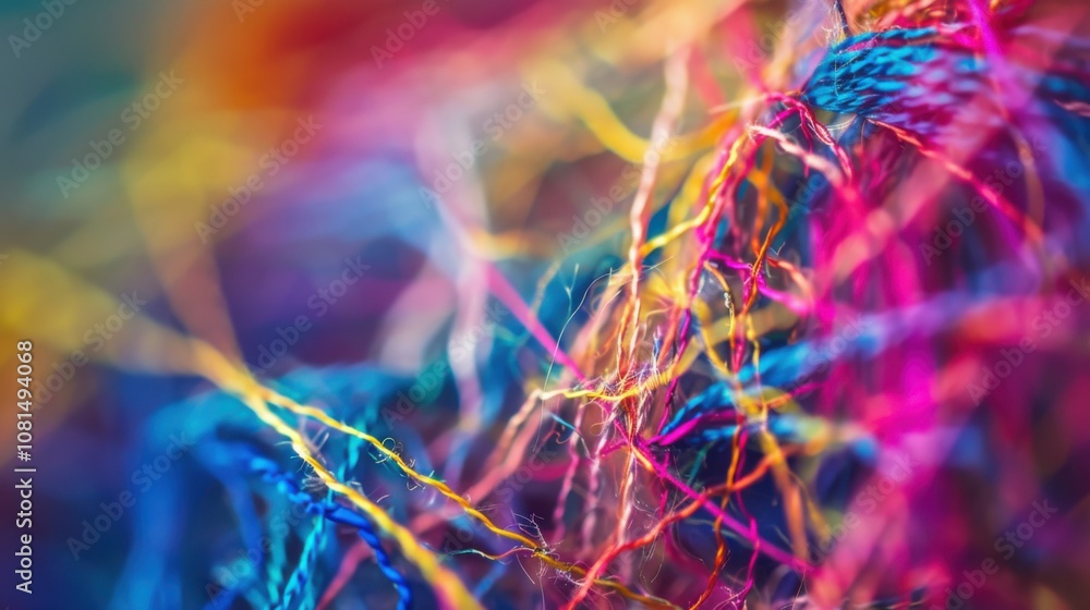 Poster A network of interconnected threads in diverse hues weaving into a resilient fabric, Metaphorizing the strength and interconnectedness of diverse viewpoints, photography style