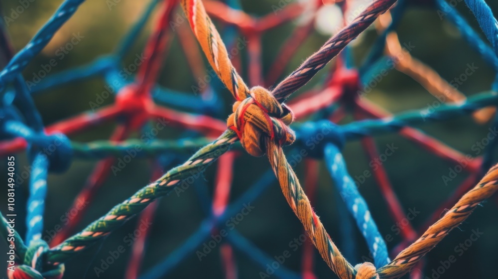 Poster A network of interconnected threads in different shades forming a resilient fabric, Metaphorizing the interconnectedness and strength of diverse viewpoints, photography style