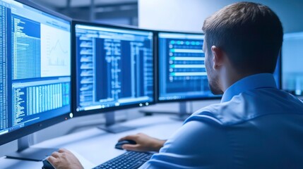 A programmer sits at a desk with three monitors, working on code.