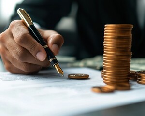 A hand holding a pen writing on a document with a stack of coins beside it, symbolizing financial planning and investment.