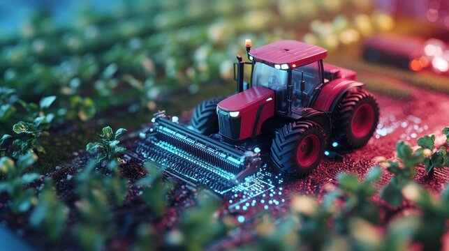A red tractor with a blue glowing attachment works in a field of green plants at night.
