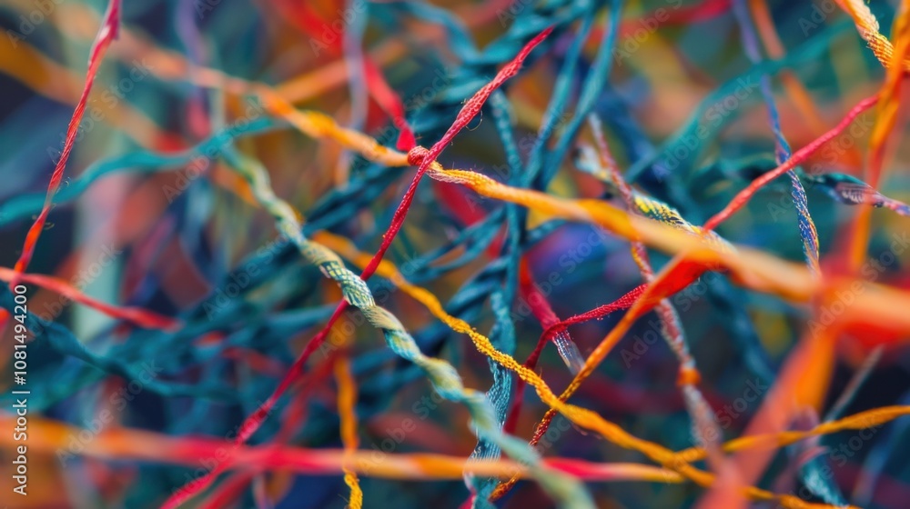 Poster a network of interconnected threads in diverse hues weaving into a resilient fabric, metaphorizing t
