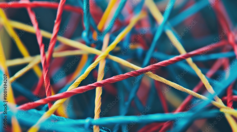 Poster A network of interconnected threads in various colors forming a strong fabric, Metaphorizing the interwoven strengths of diverse perspectives, photography style