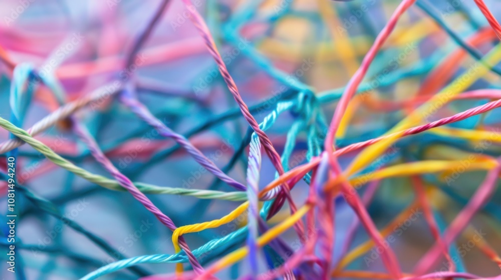 Poster A network of interconnected threads in various colors forming a strong fabric, Metaphorizing the interwoven strengths of diverse perspectives, photography style