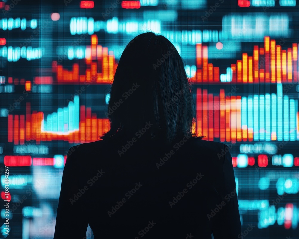 Poster a silhouetted figure analyzes vibrant data visualizations on a screen, showcasing modern analytics a