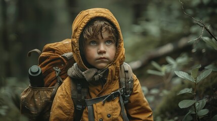Obraz premium A young boy wearing a yellow raincoat and carrying a backpack looks up in a misty forest.