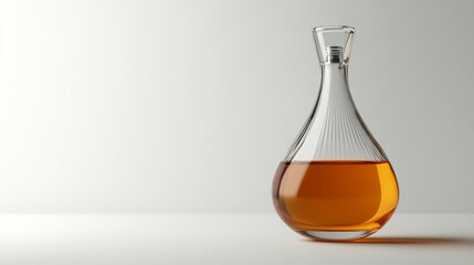 A clear glass decanter with a teardrop shape filled with amber liquid sits on a white surface.