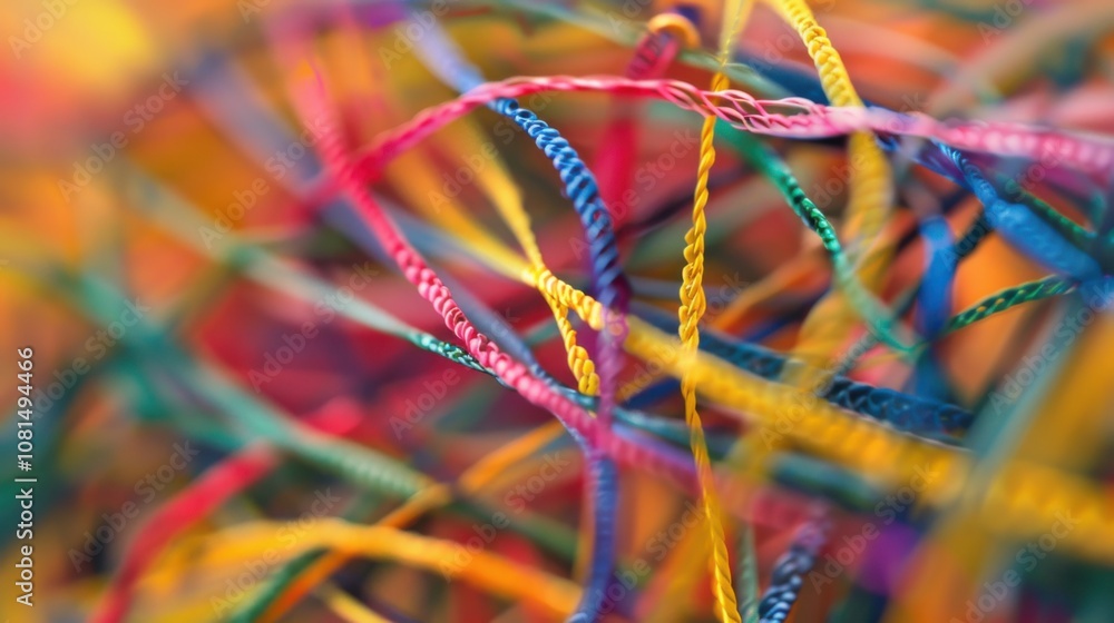 Poster A network of interconnected threads in various hues forming a resilient fabric, Metaphorizing the interdependence and resilience of diverse viewpoints, photography style
