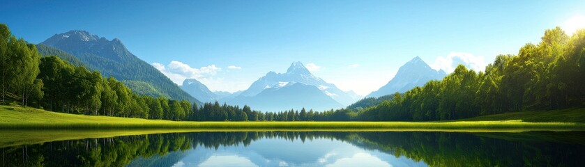 A serene landscape featuring tranquil waters reflecting majestic mountains under a clear blue sky, surrounded by lush greenery.
