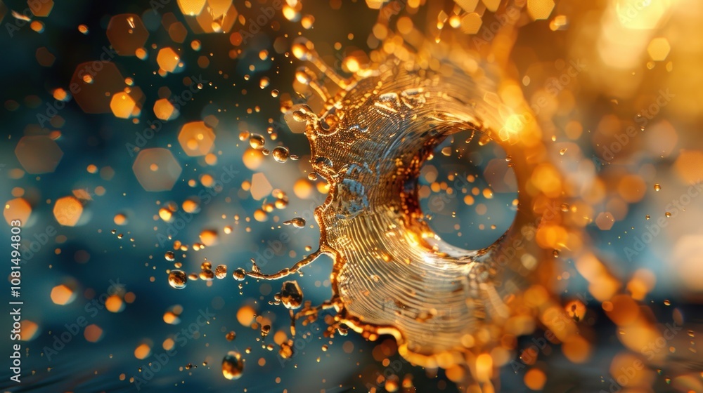 Poster a golden liquid splash creates a ring shape with a bokeh background.