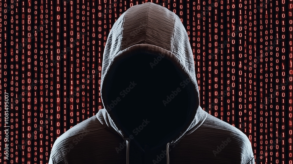 Poster cybersecurity threat: a hooded figure stands against a backdrop of cascading binary code, symbolizin
