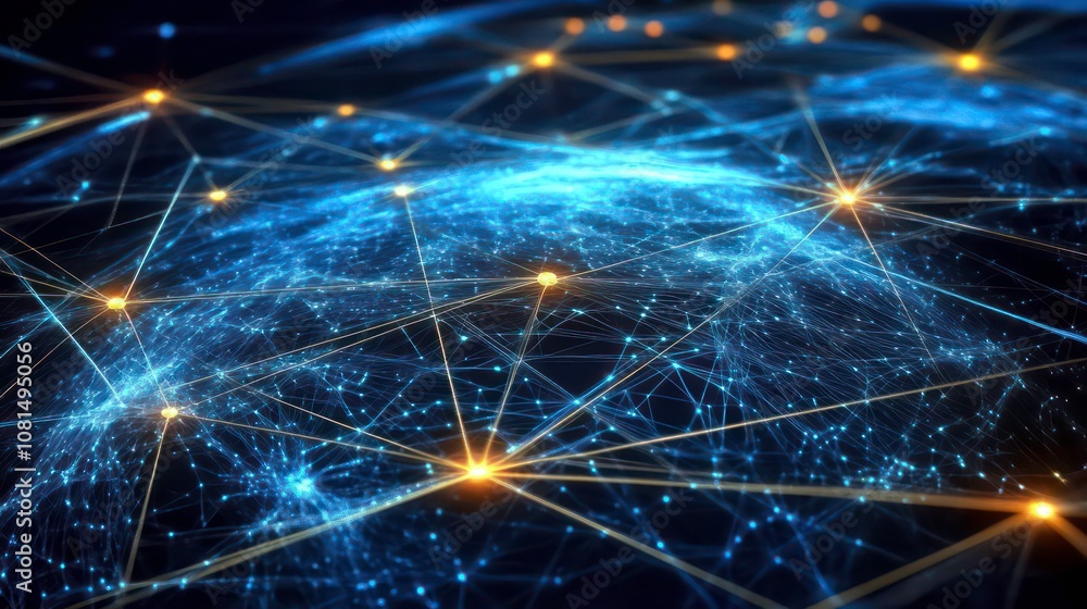 Poster abstract futuristic representation of the global network with glowing nodes and lines, connecting th