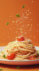 Delicious tomato Bolognese pasta spaghetti parsley plate food photography tasty meal gourmet fashion orange background with copy space. for cuisine dishes restaurant recipe advertising