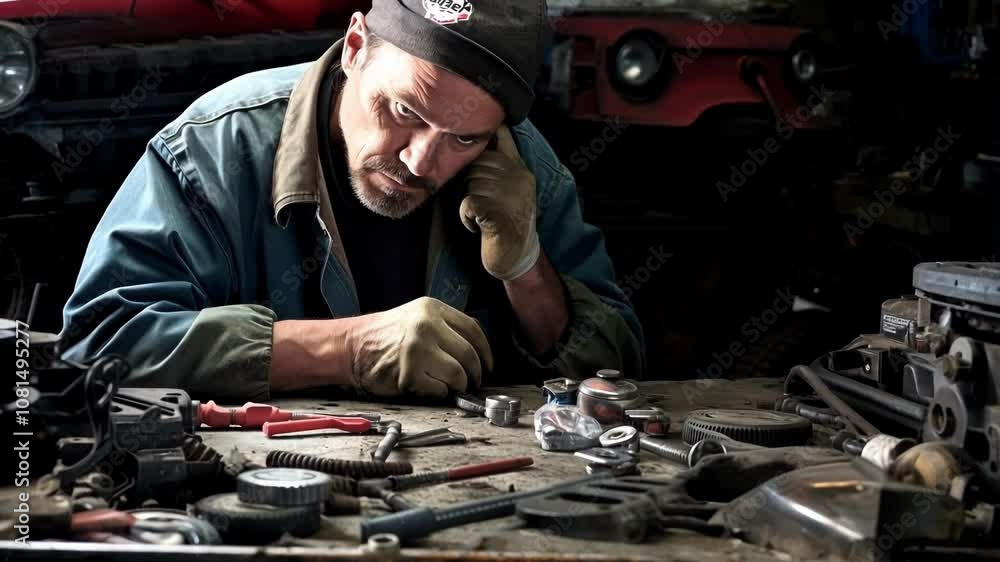 Poster mechanic is leaning on a workbench full of tools, looking intently at something in front of him in a