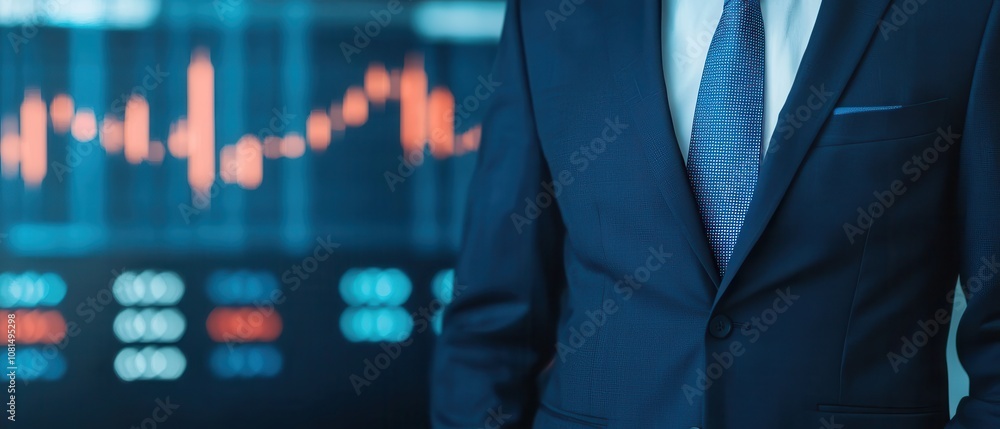 Poster a businessman in a suit stands before a digital screen displaying stock market charts and data analy