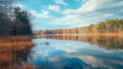 Fototapeta premium Peaceful scenic view of a tranquil lake surrounded by lush forest with blue sky and clouds reflected in the water