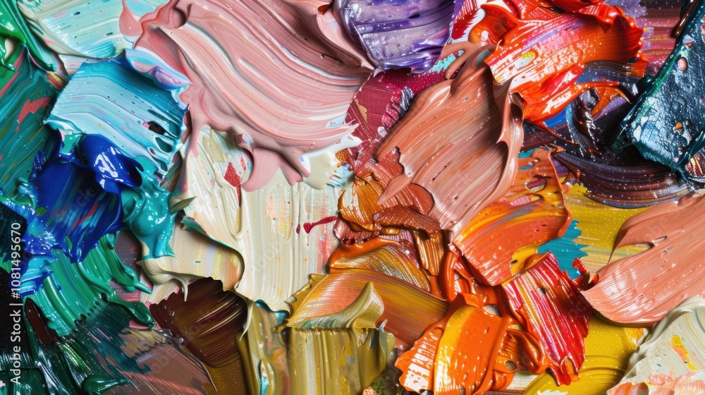 Poster a palette of paint strokes in various colors merging into a harmonious blend, representing the beaut