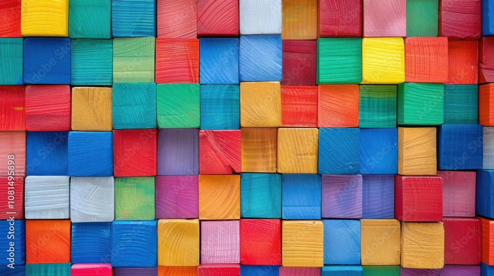 Poster A patchwork of colorful squares in a grid pattern, metaphorically representing the diverse yet interconnected elements of an inclusive community, minimalist style