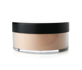 Jar with loose cosmetic powder on white background