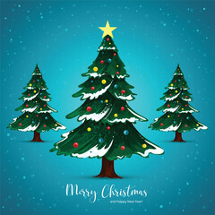 Merry christmas green tree card on blue background