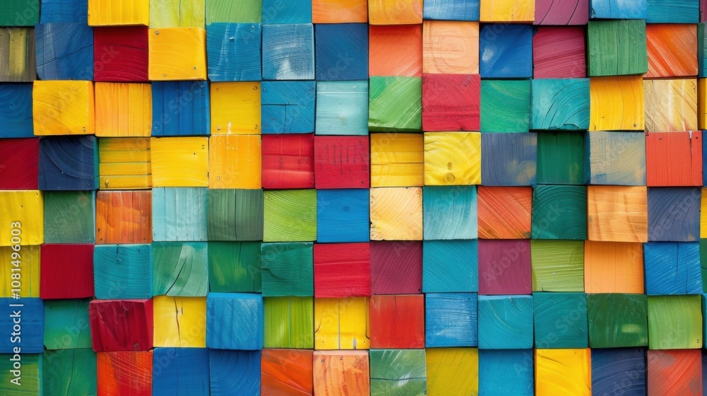 Poster A patchwork of colorful squares in a grid pattern, metaphorically representing the diverse yet interconnected elements of an inclusive community, minimalist style