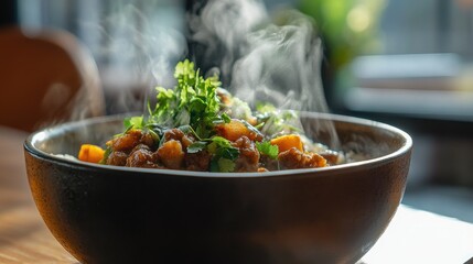 Japanese curry rice bowl, steaming and flavorful, ideal comfort food