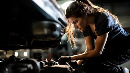 Determined female mechanic fixing a car in a garage, showcasing her technical skills and expertise in auto maintenance