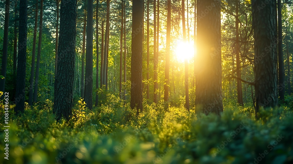 Poster sunlight shining through tall pine trees in a dense forest, creating a glowing light and peaceful at