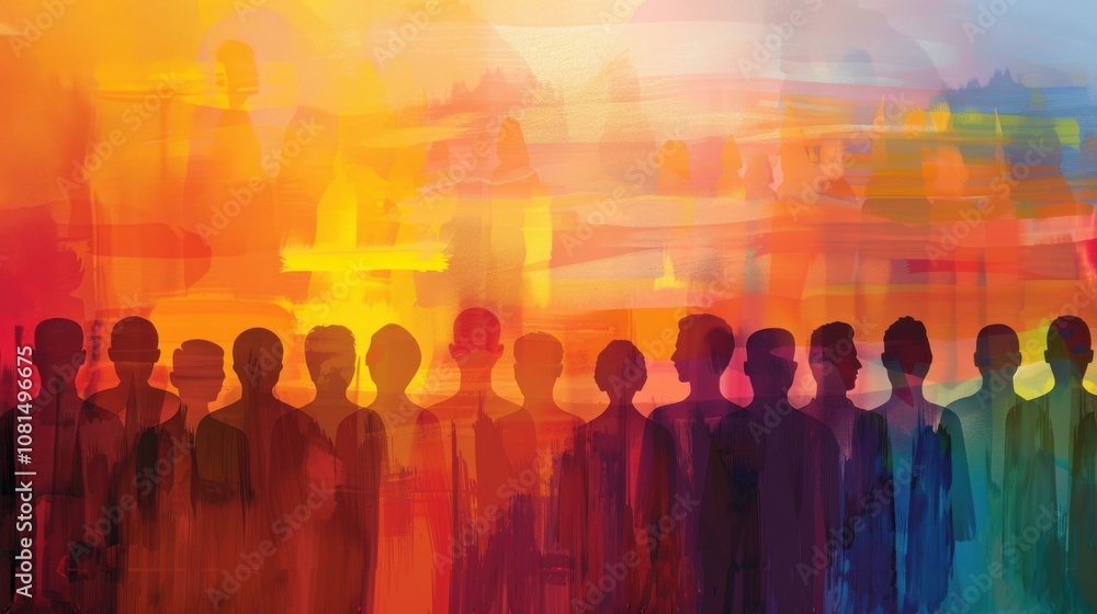 Aufkleber a poignant depiction of a diverse group of abstract silhouettes standing together in front of a sunr